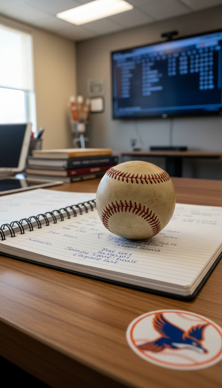 A meticulously stitched leather baseball lying atop an open page of a spiral-bound sports notebook, resting on a textured maplewood desk accented by a glossy team logo sticker at the corner. The setting is an organized yet lived-in editorial space with a digital scoreboard live feed faintly visible on a wall-mounted monitor in the background. Illuminated by a blend of soft overhead LED lighting and natural ambient window light, the baseball’s red stitching and worn textures are brought into crisp detail, casting gentle, purposeful shadows. The atmosphere is focused, slightly nostalgic, and analytical, supporting thoughtful sports commentary. The framing uses rule of thirds with a shallow depth of field, and the overall style is clean, modern, and editorial, echoing the purpose of an insightful sports blog.