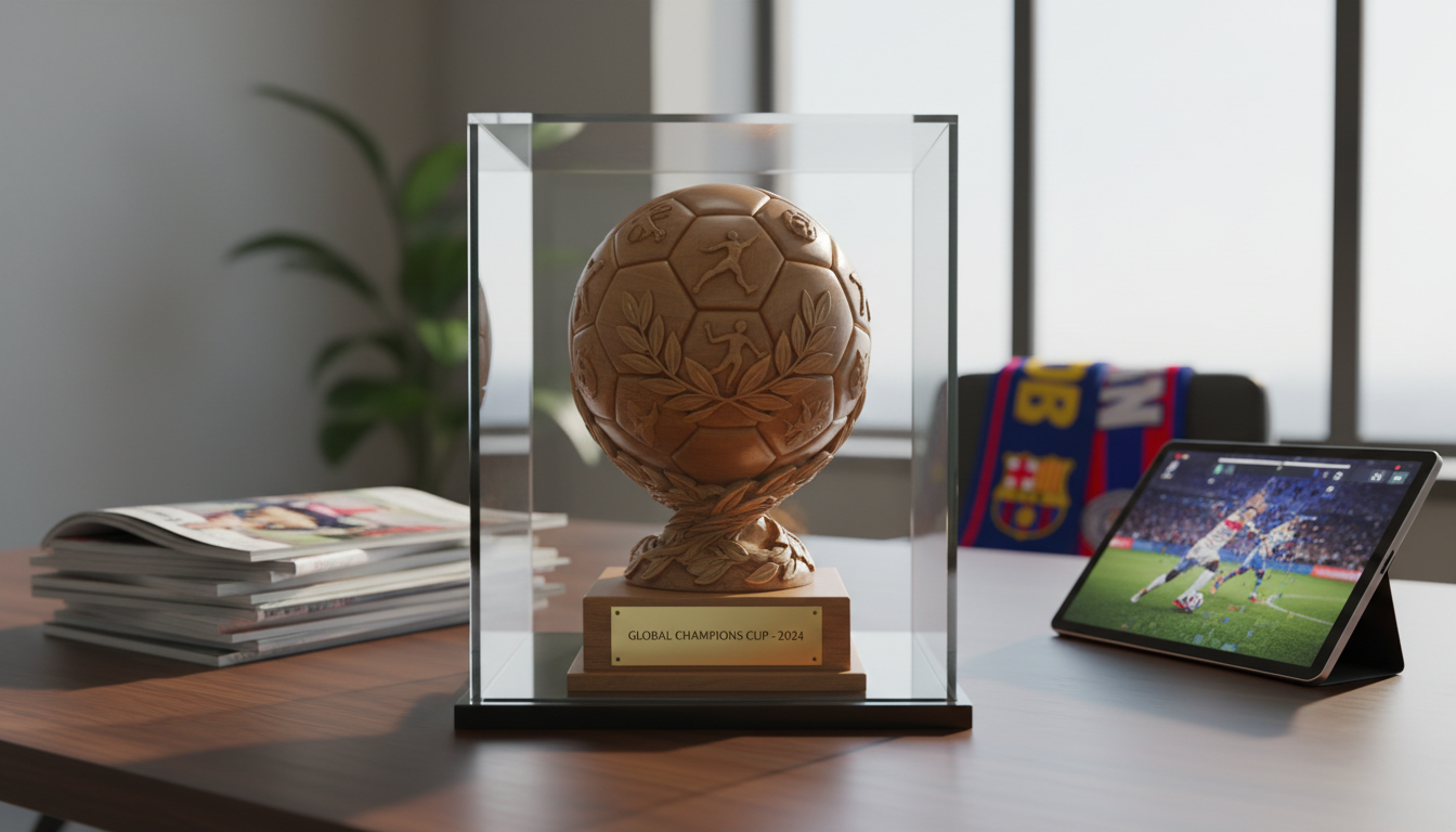 A polished wooden soccer ball trophy with intricate carvings and a glinting gold plaque at its base, perfectly centered on a glass display case. The surrounding environment resembles a modern sports blog editorial desk, with neatly stacked sports journals, a digital tablet showing yesterday’s match highlights blurred in the background, and vibrant team scarves draped casually nearby. Bathed in soft natural daylight filtering through large windows, the trophy is brought to life with gentle highlights and subtle reflections, evoking a mood both proud and energetic. Captured at eye level with a shallow depth of field, the composition is bold and dynamic, showcasing the sporting achievement in a photographic realism style that feels current and engaging, perfectly aligning with a comprehensive sports blog’s energetic personality.